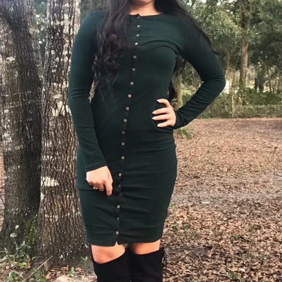 LAST 1<< Button Down Midi Dress Green Bodycon >> - Picture 2 of 6